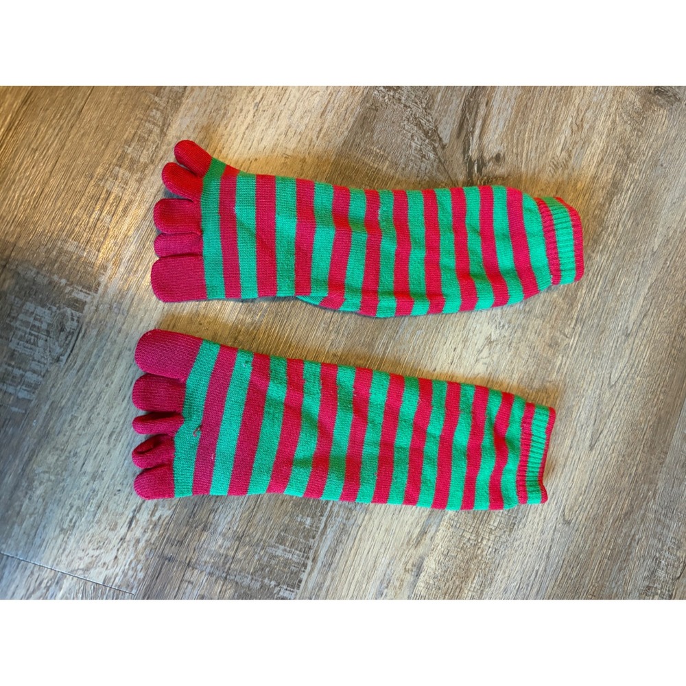 Holiday Reindeer Toe Socks Red Green Striped Christmas Novelty Five Finger Socks